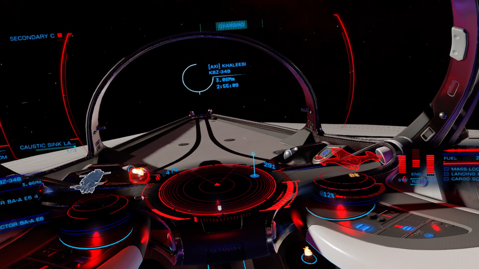 An Elite Dangerous cockpit illuminated in a red and blue Reactive Cockpit state