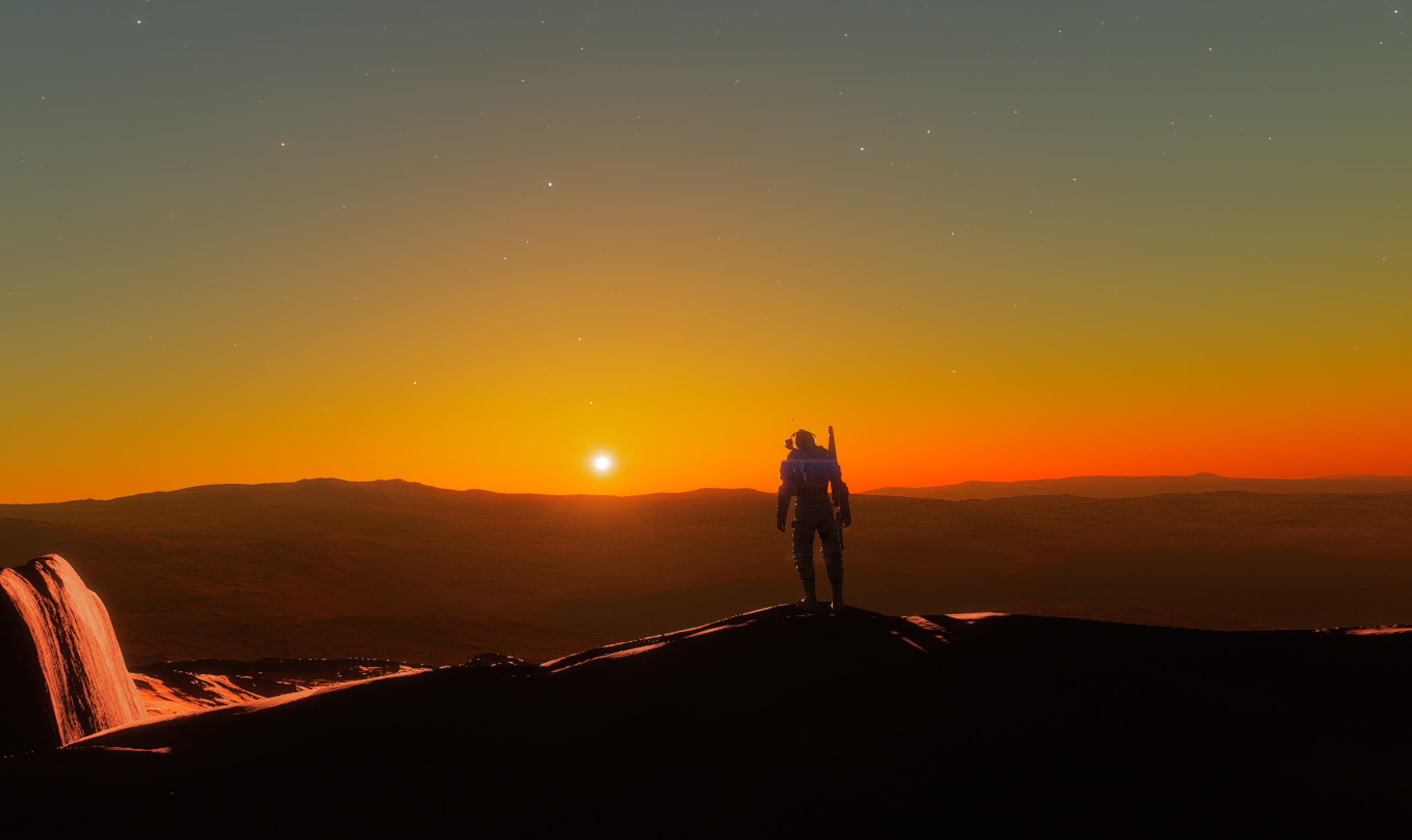 Commander standing on an alien world at sunset in Elite Dangerous
