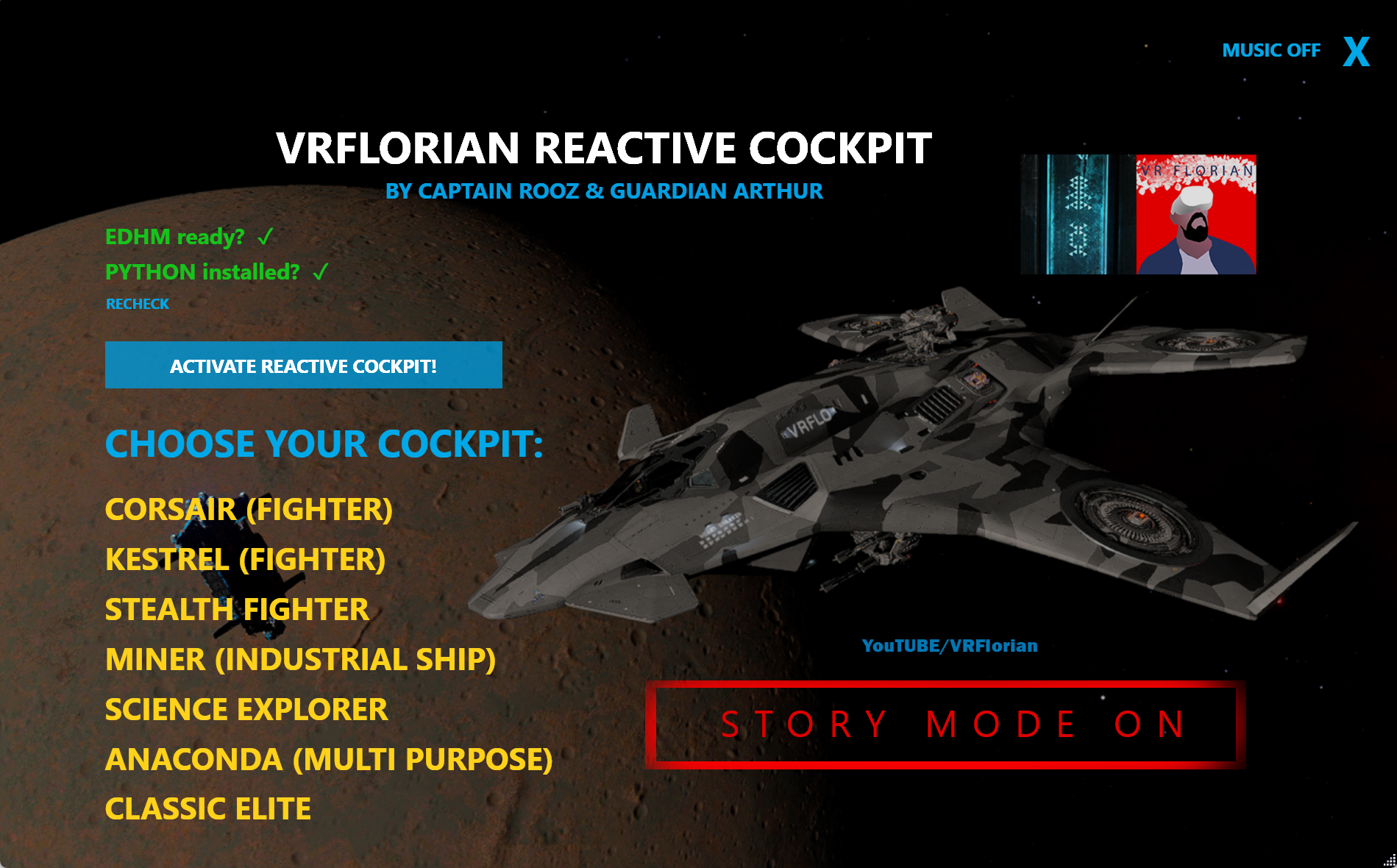 The VRFlorian Reactive Cockpit launcher with Story Mode activated